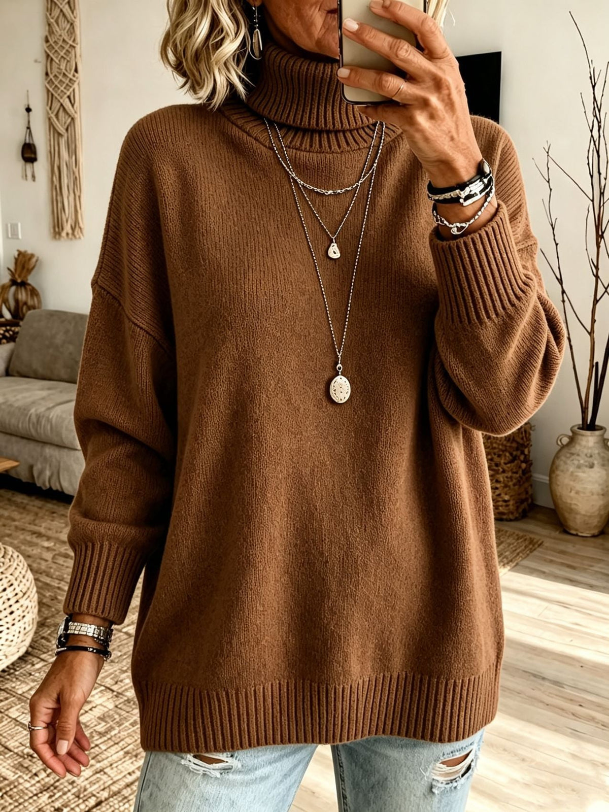 Women's Longline Turtleneck Sweater in Chocolate Brown