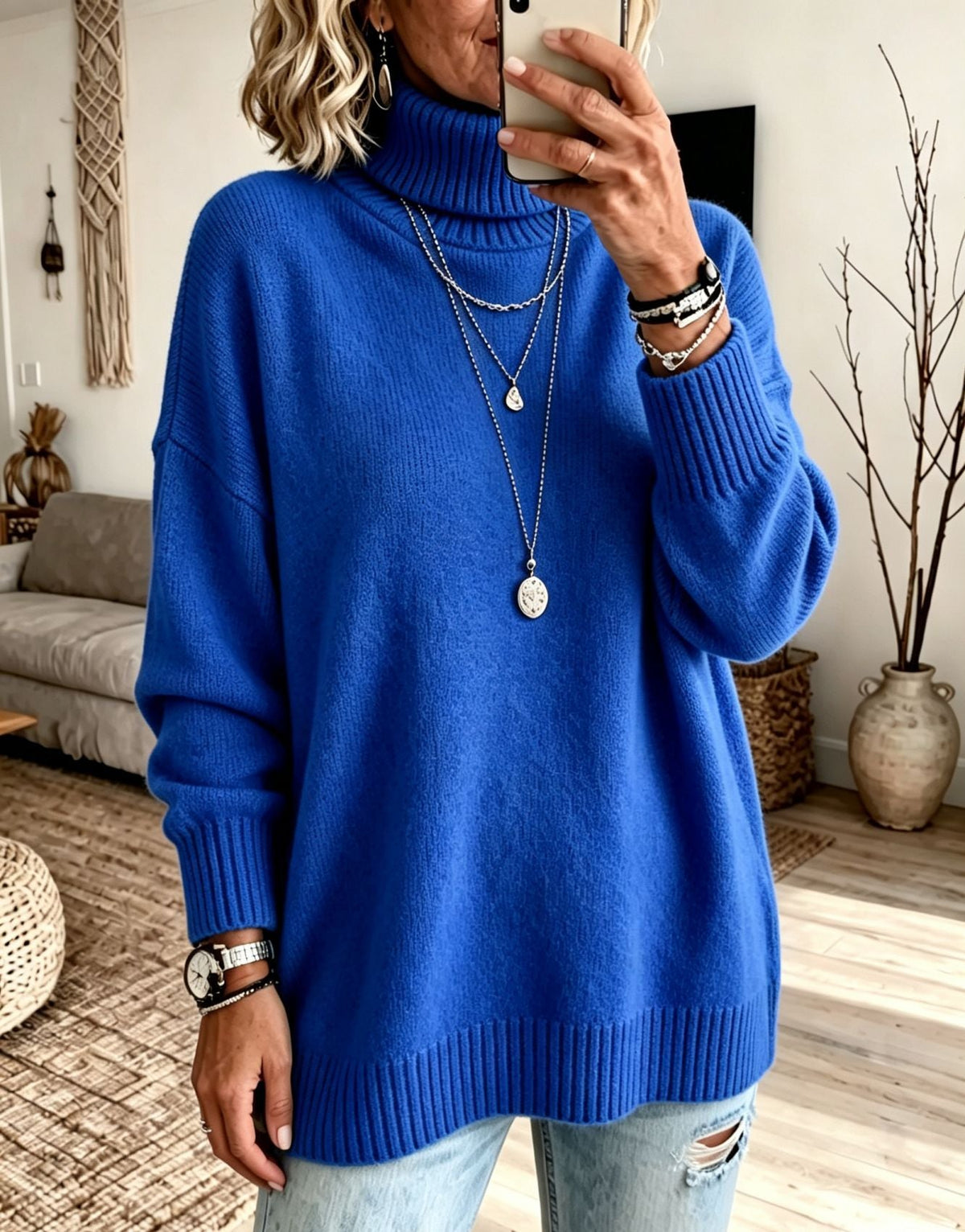 Women's Longline Turtleneck Sweater in Cobalt Blue