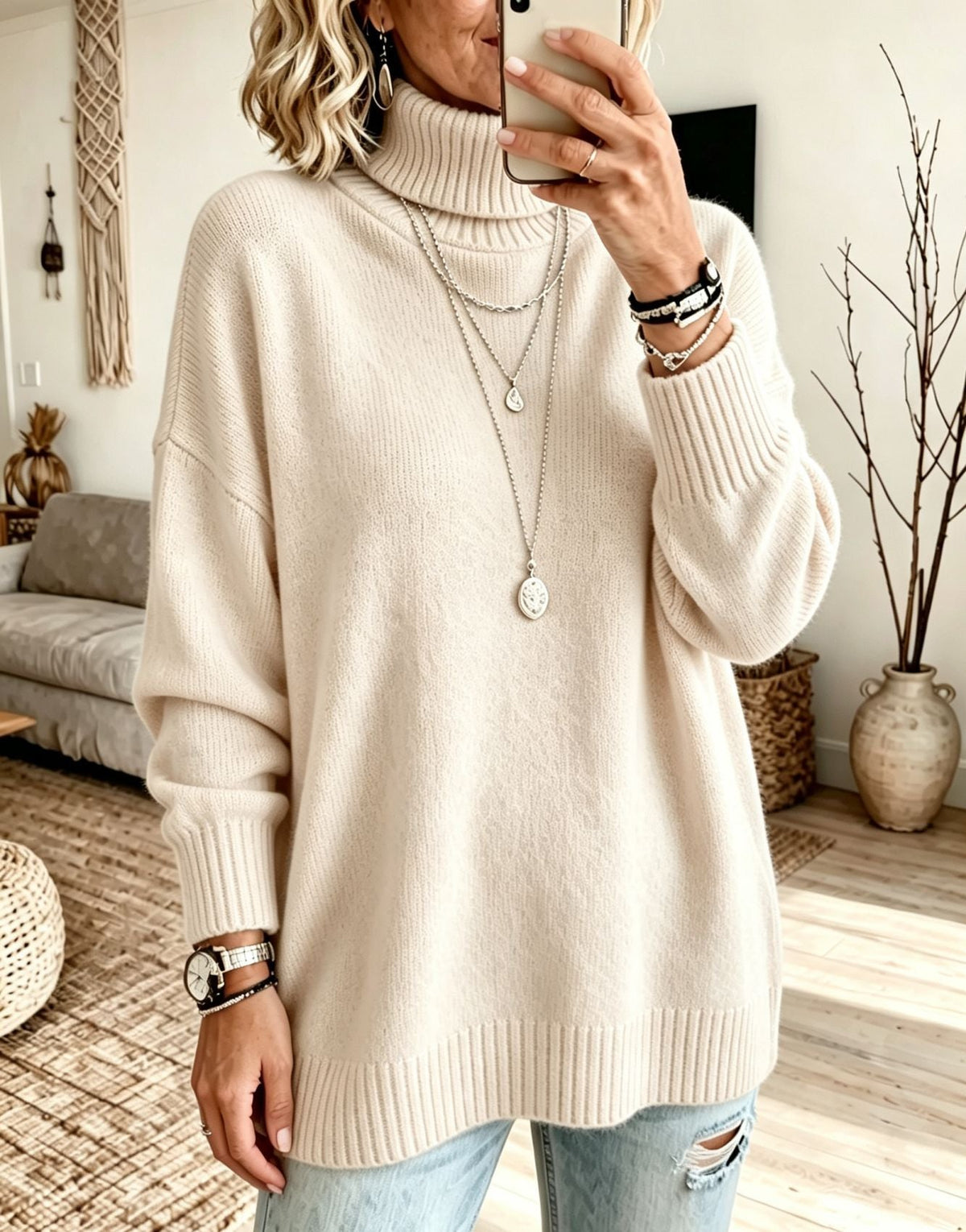 Women's Longline Turtleneck Sweater in Cream