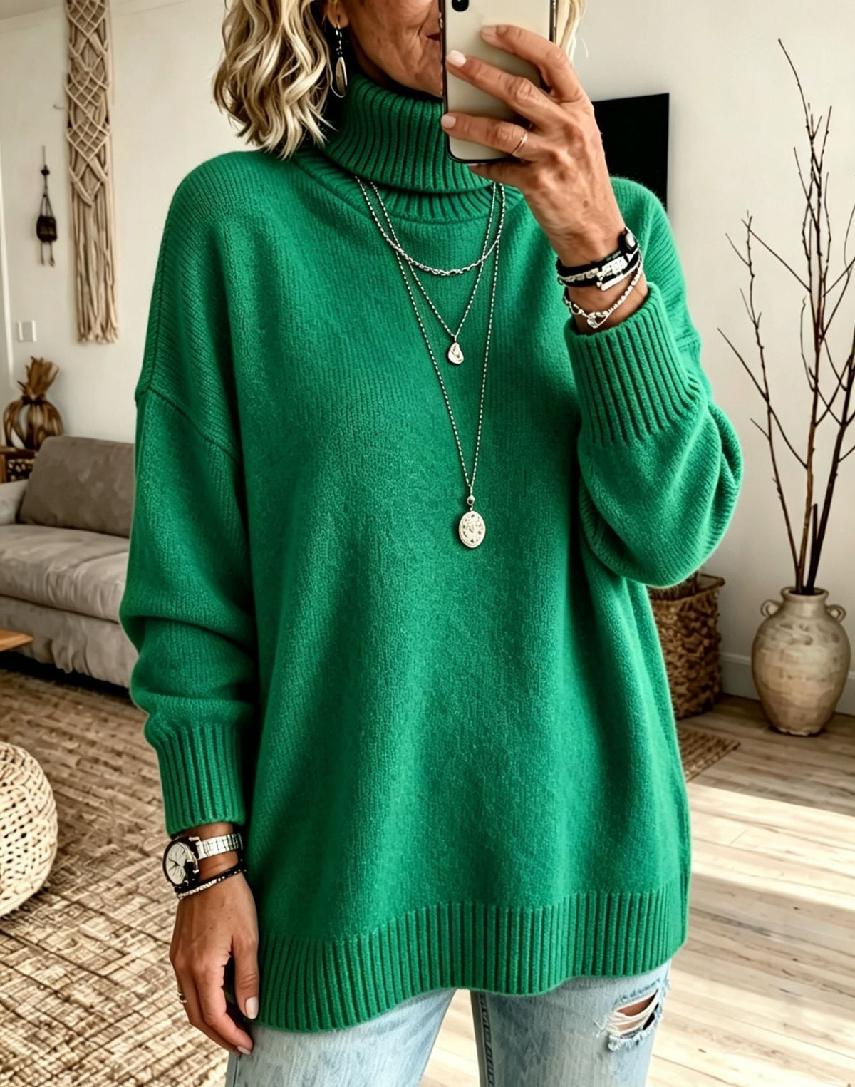 Women's Longline Turtleneck Sweater in Emerald Green
