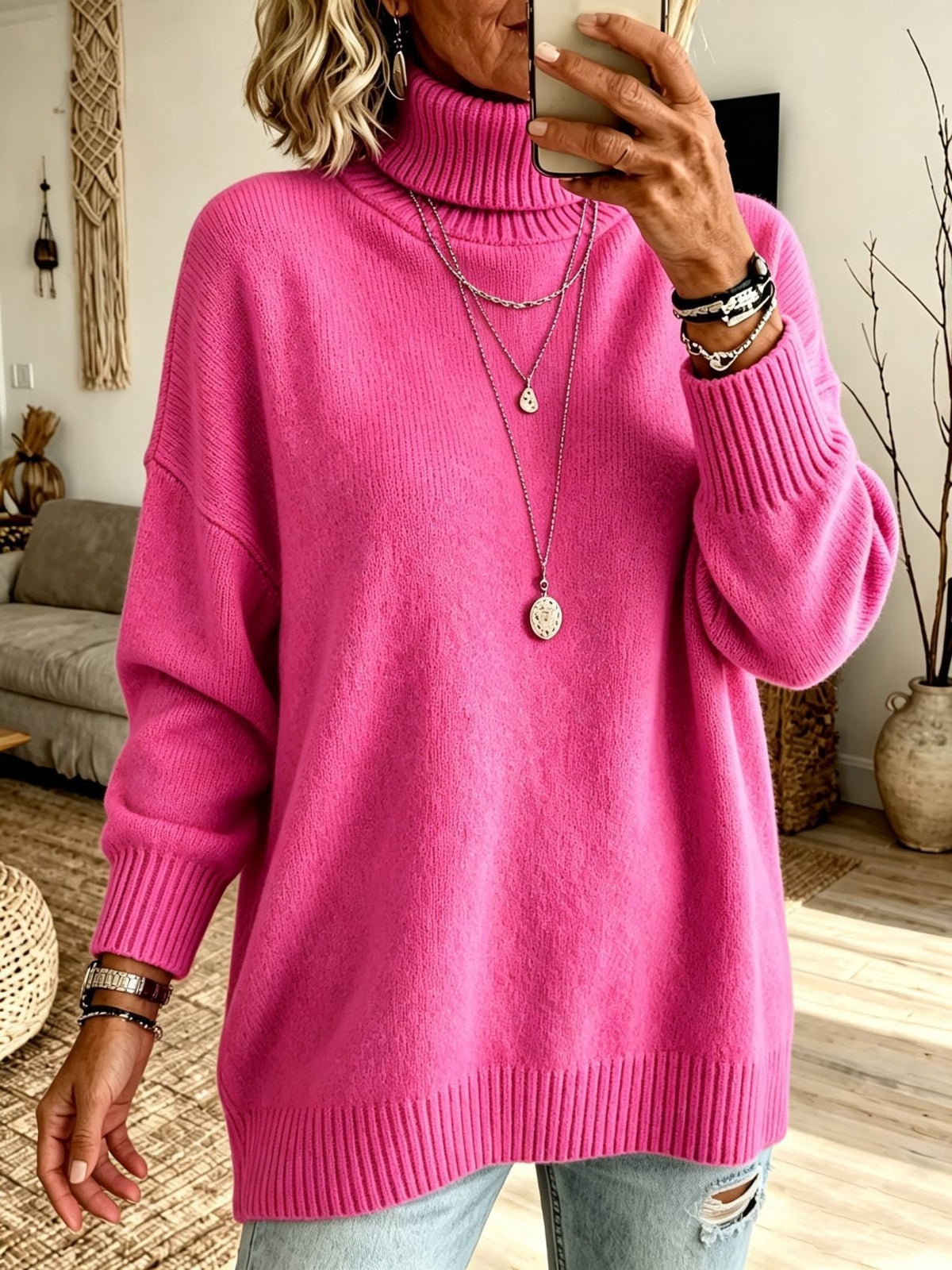 Women's Longline Turtleneck Sweater in Hot Pink
