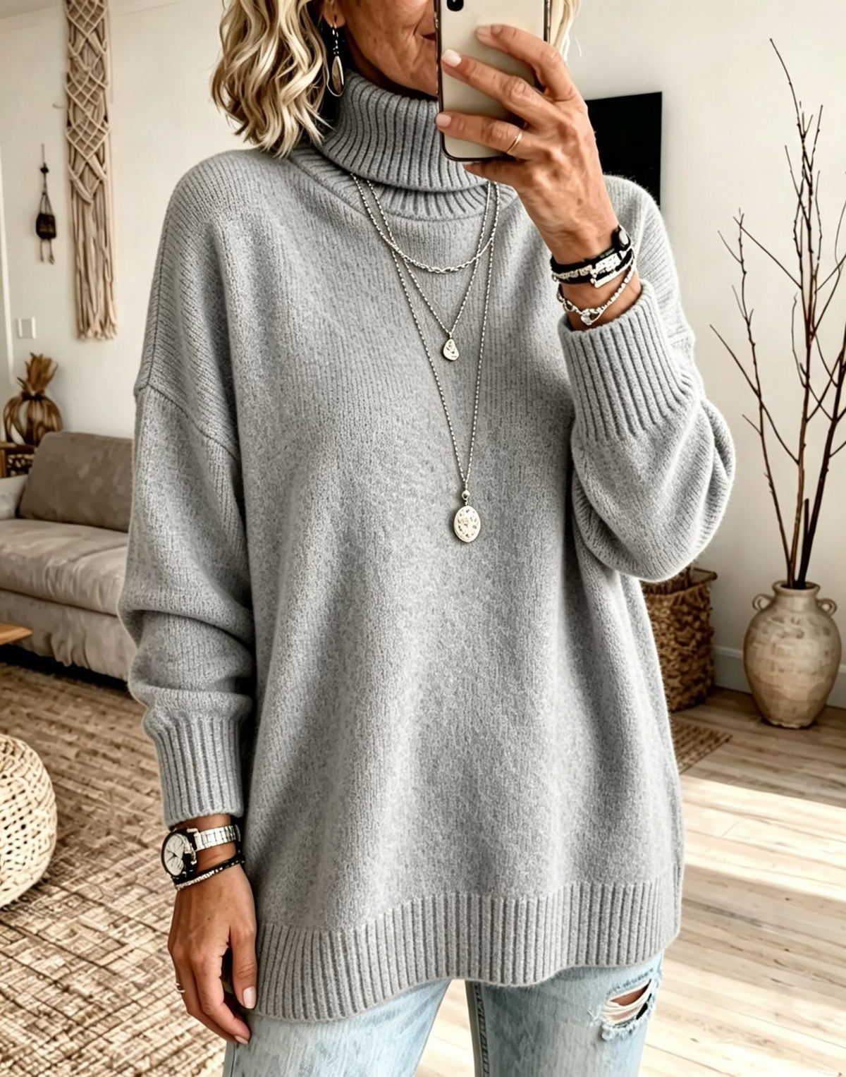 Women's Longline Turtleneck Sweater in Light Grey
