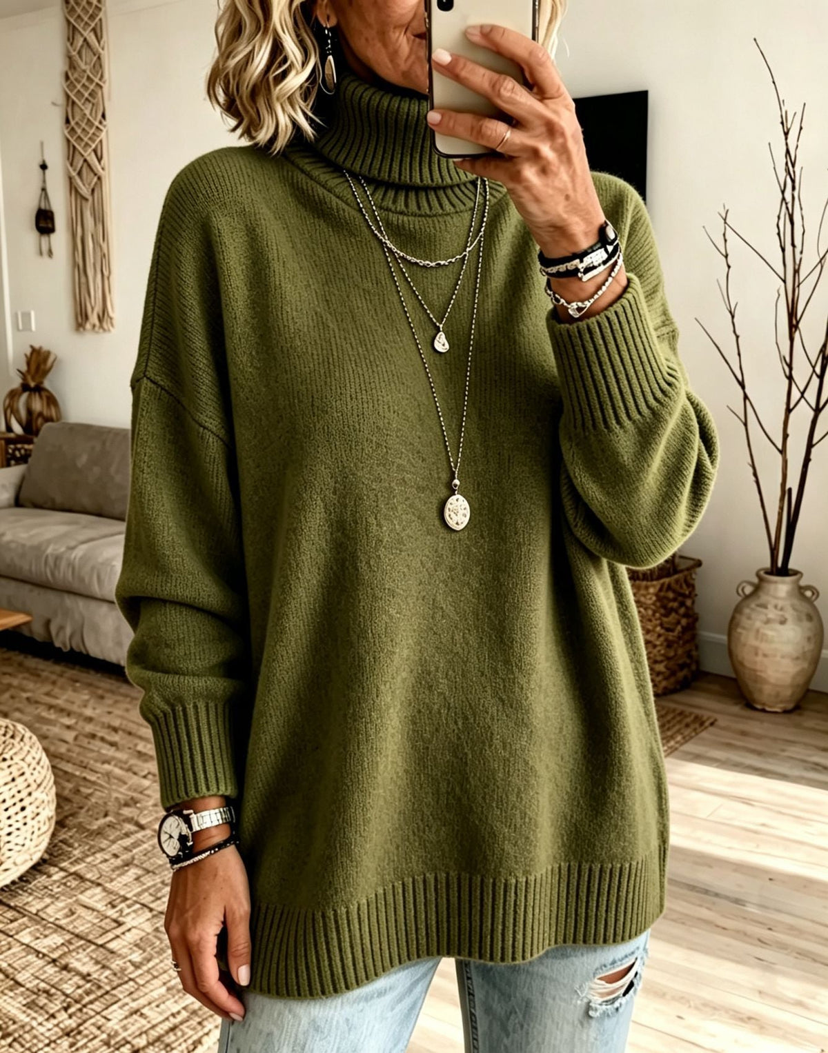 Women's Longline Turtleneck Sweater in Olive Green