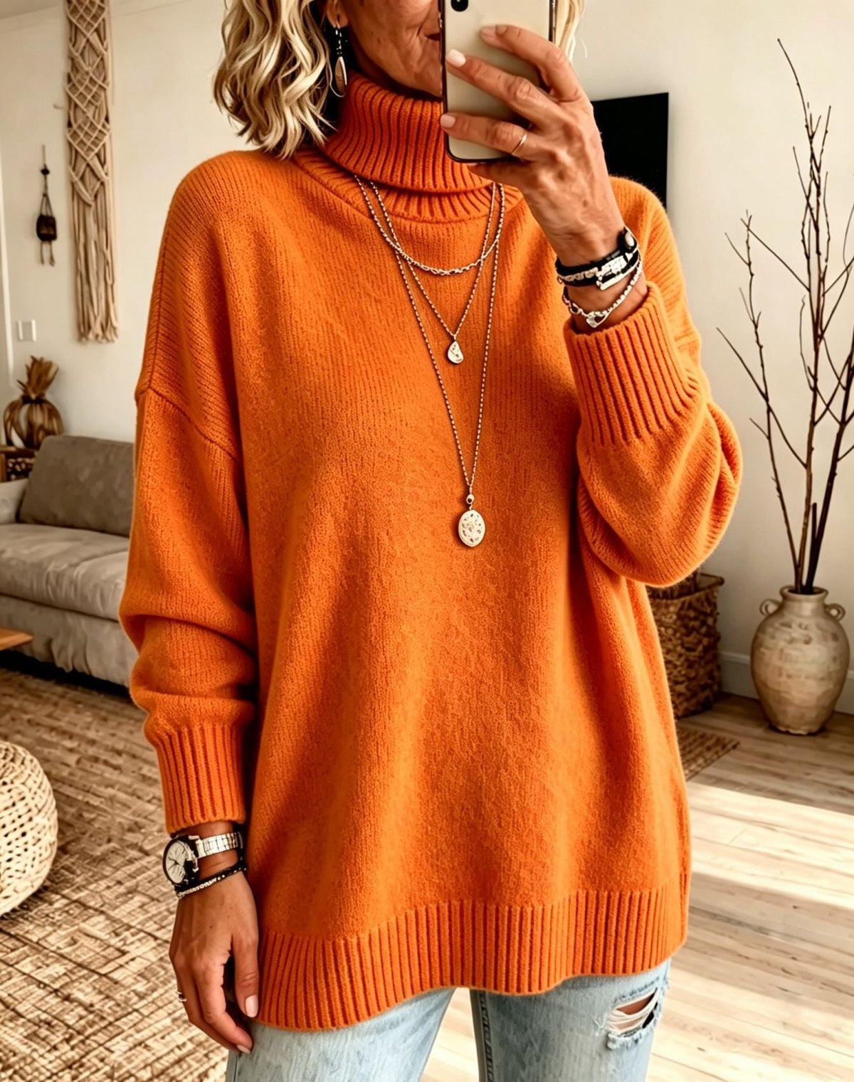 Women's Longline Turtleneck Sweater in Orange