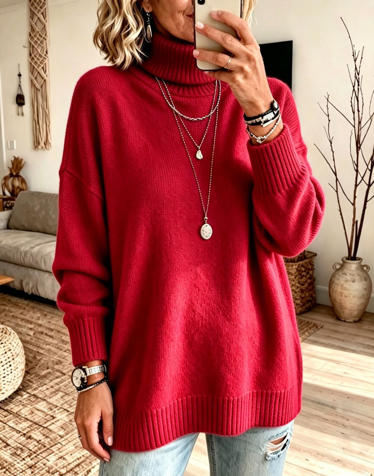Women's Longline Turtleneck Sweater in Red