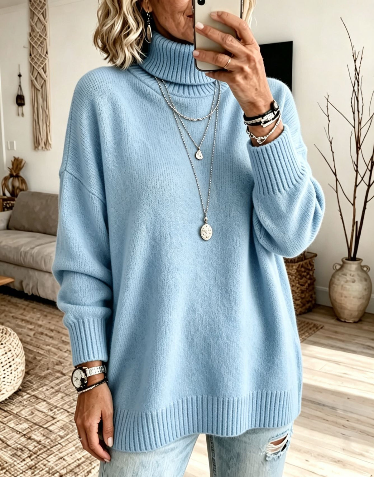Women's Longline Turtleneck Sweater in Sky Blue