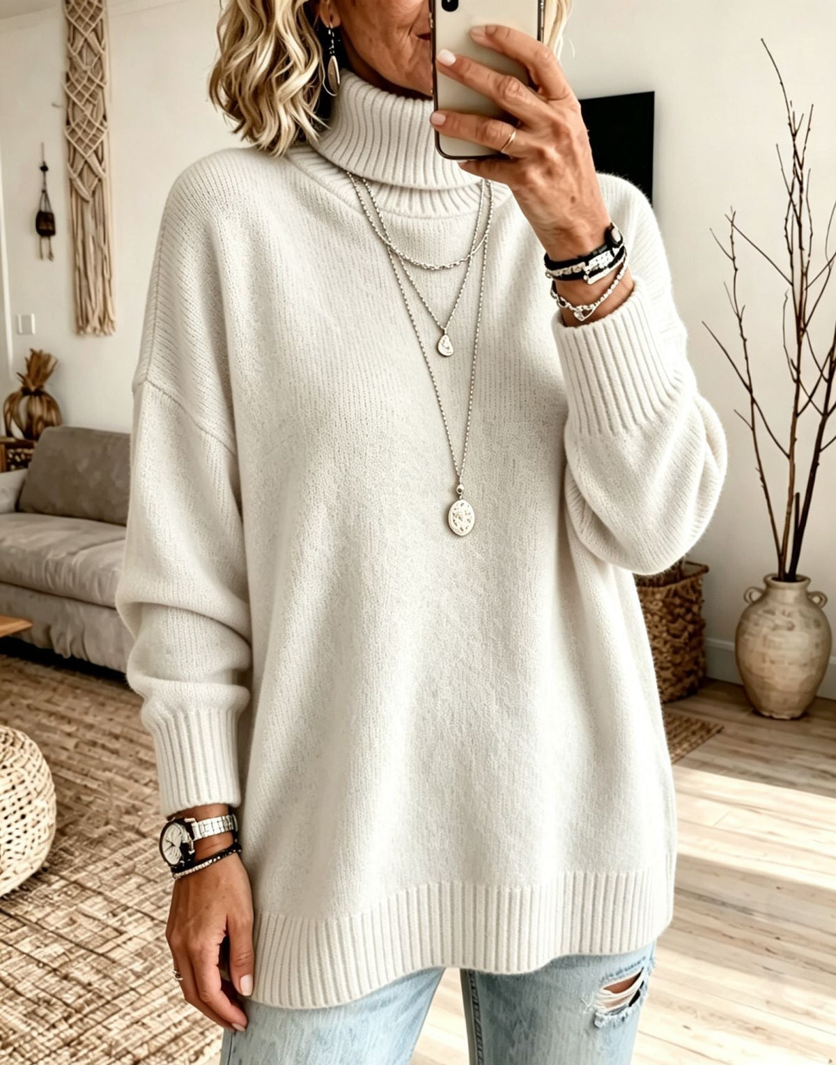 Women's Longline Turtleneck Sweater in White