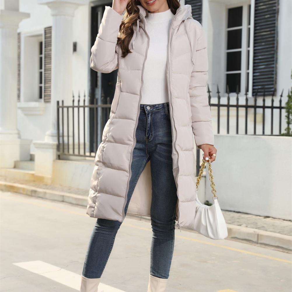 Women's Mid Length Hooded Puffer Winter Jacket in Beige
