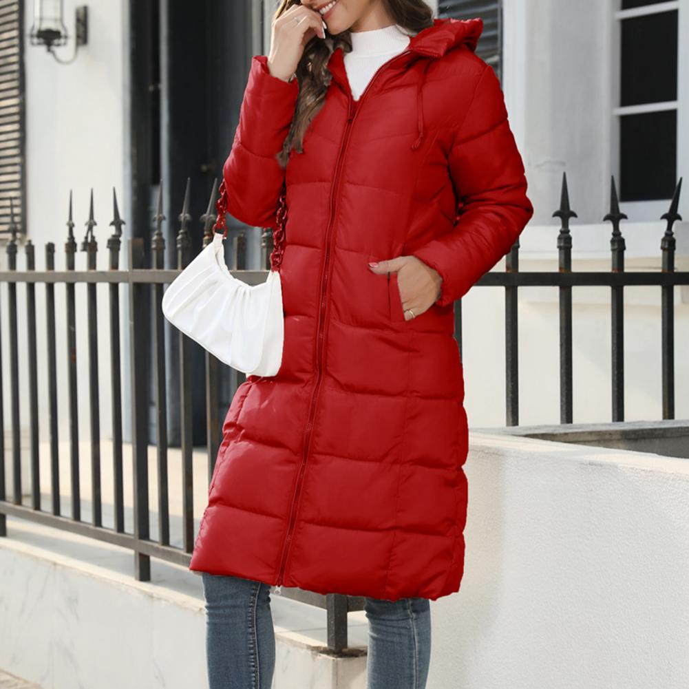 Women's Mid Length Hooded Puffer Winter Jacket in Red