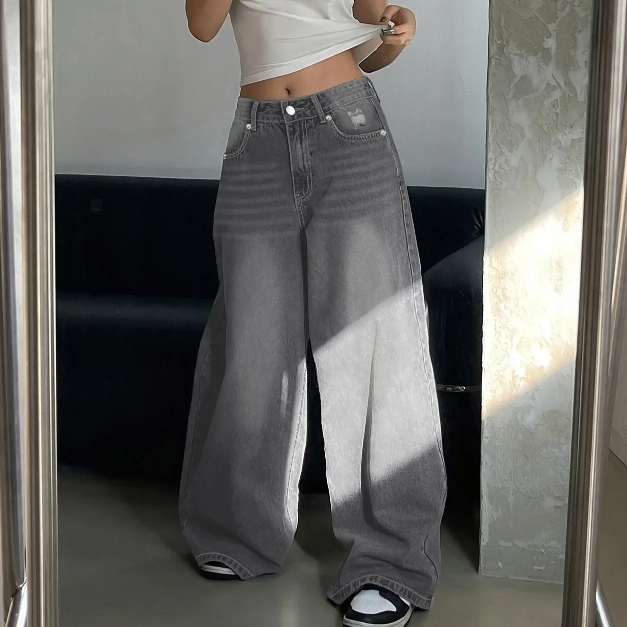 Women's Mid Rise Baggy Jeans with Relaxed Fit