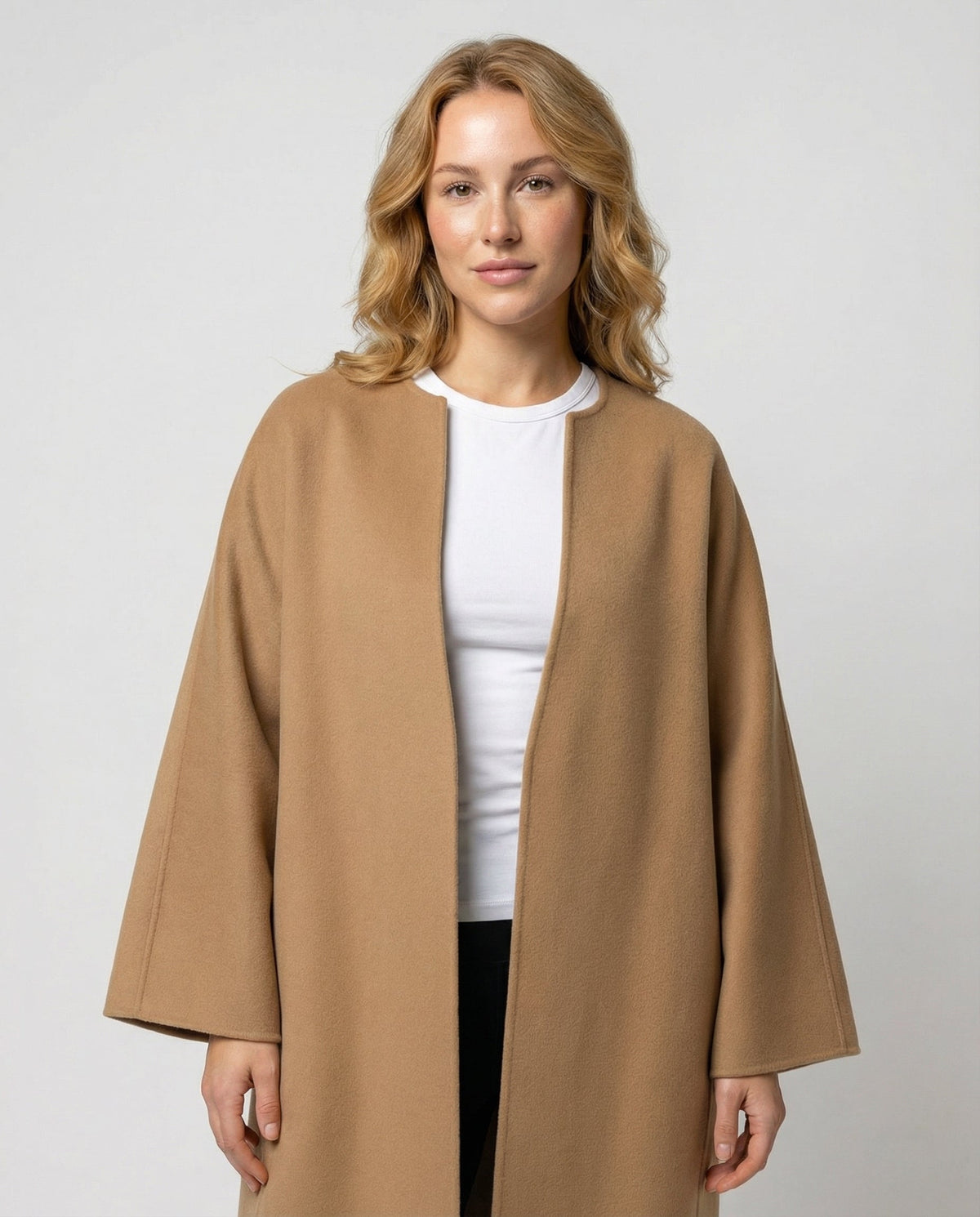 Women's Open Front Longline Coat in Camel