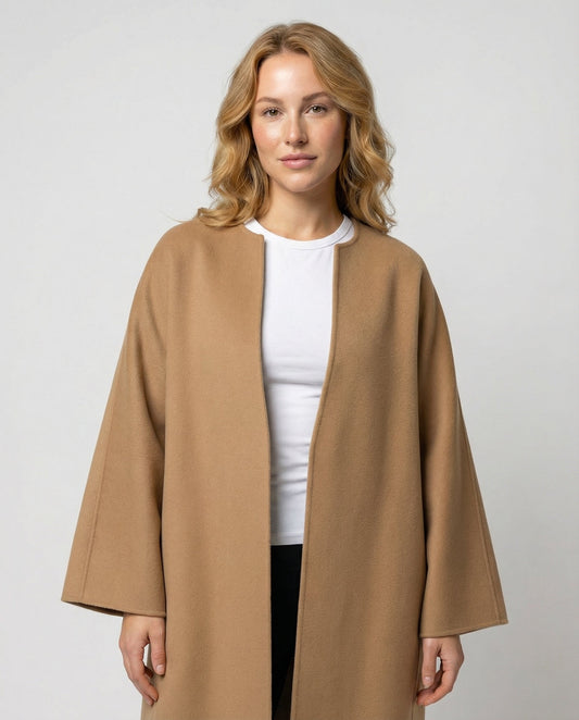 Women's Open Front Longline Coat in Camel
