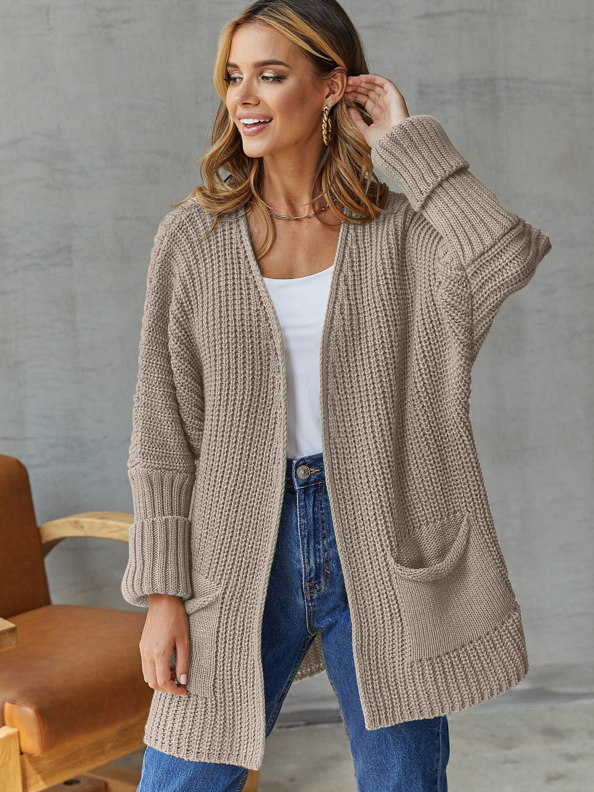 Women's Open Knit Cardigan in Khaki