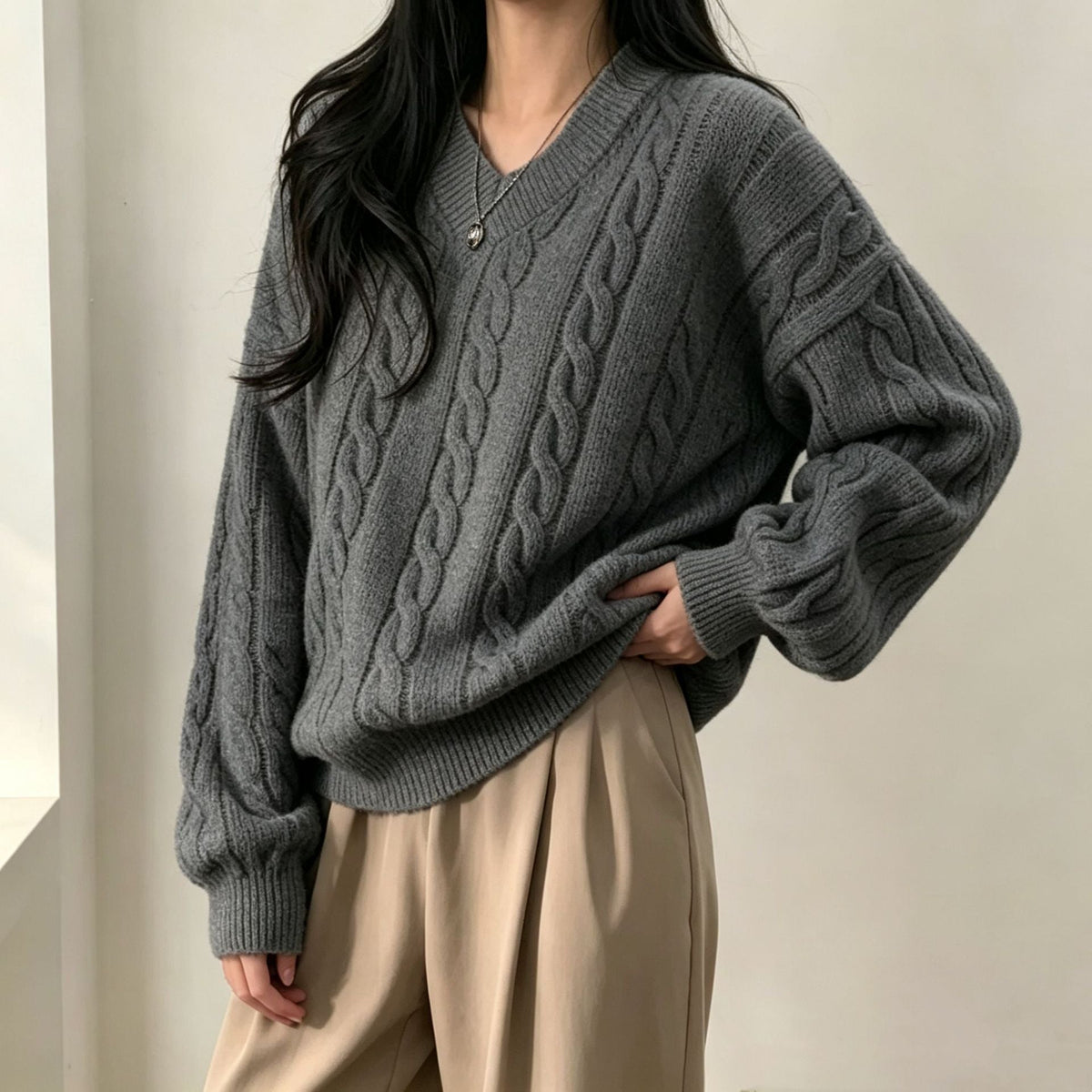 Women's Oversized Cable Knit Sweater in Charcoal Grey