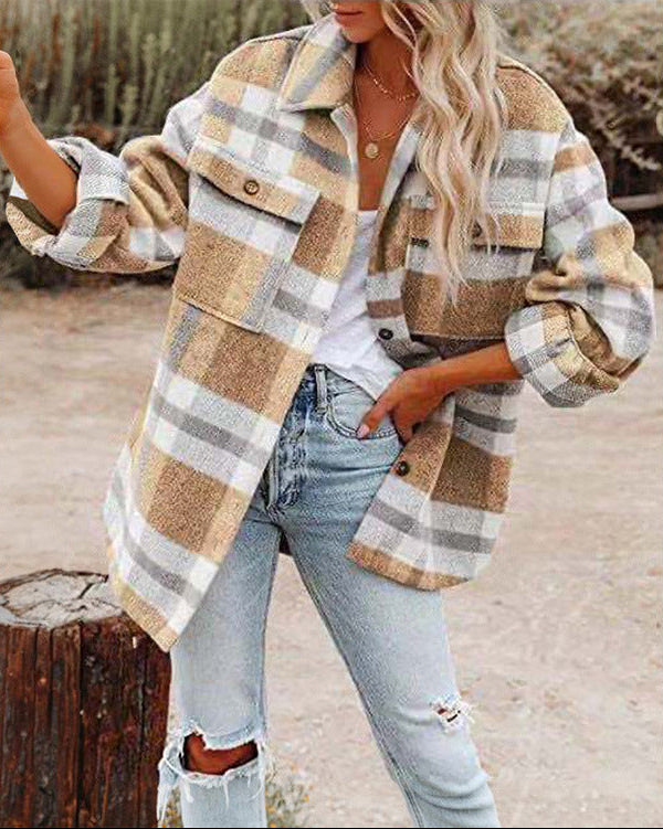 Women's Oversized Check Flannel Shacket in Camel Check