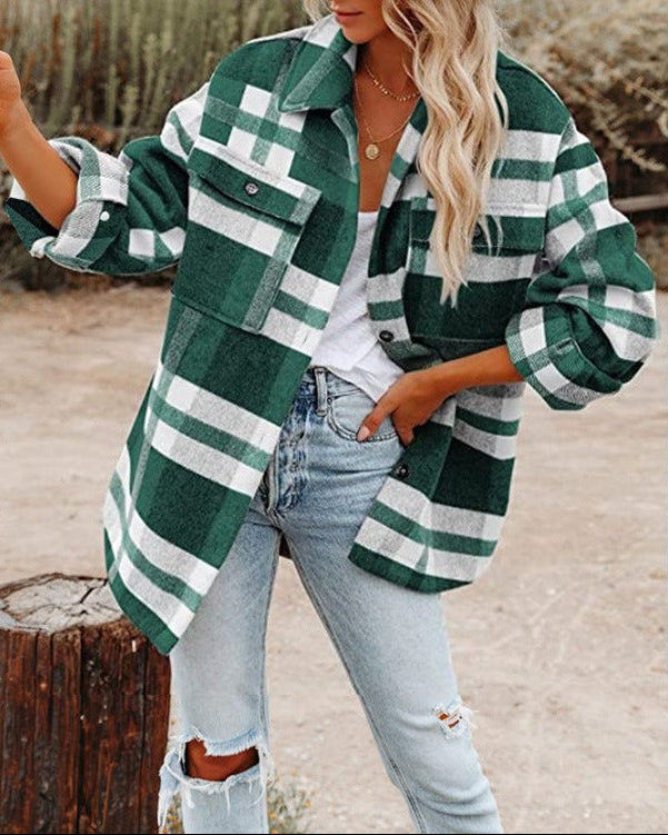 Women's Oversized Check Flannel Shacket in Green Check