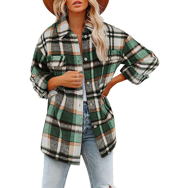 Women's Oversized Check Flannel Shacket in Green Tartan
