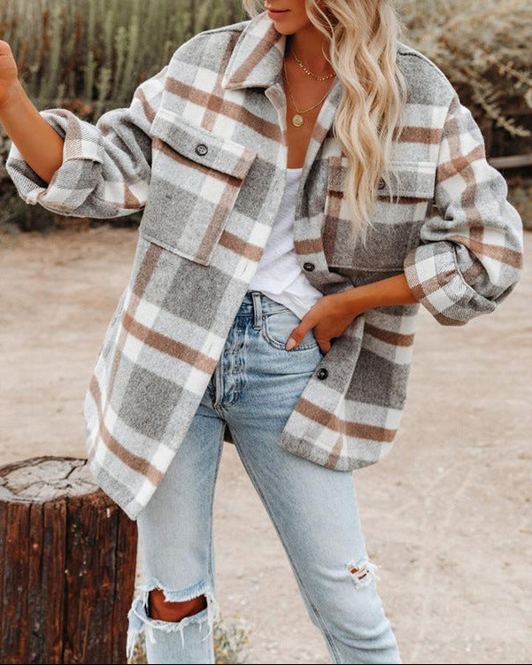Women's Oversized Check Flannel Shacket in Grey Check