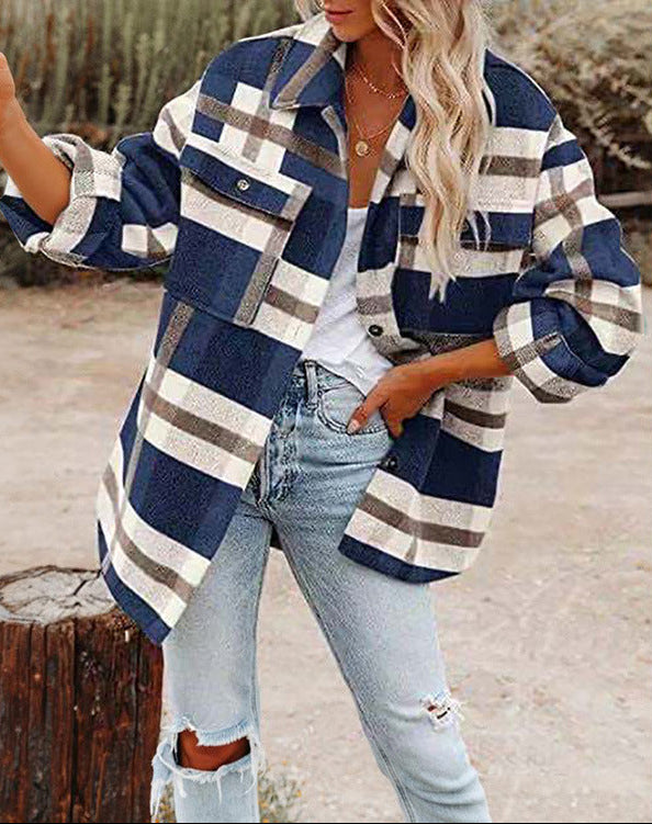 Women's Oversized Check Flannel Shacket in Navy Check