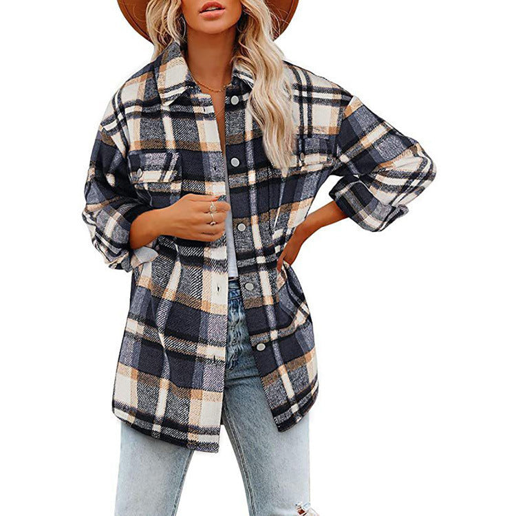 Women's Oversized Check Flannel Shacket in Navy Tartan
