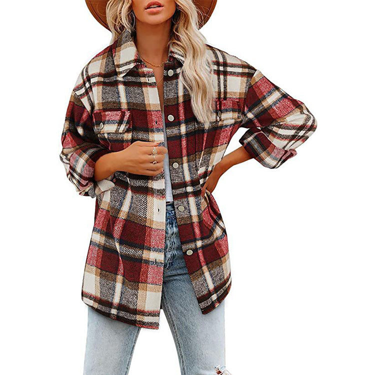 Women's Oversized Check Flannel Shacket in Red Tartan
