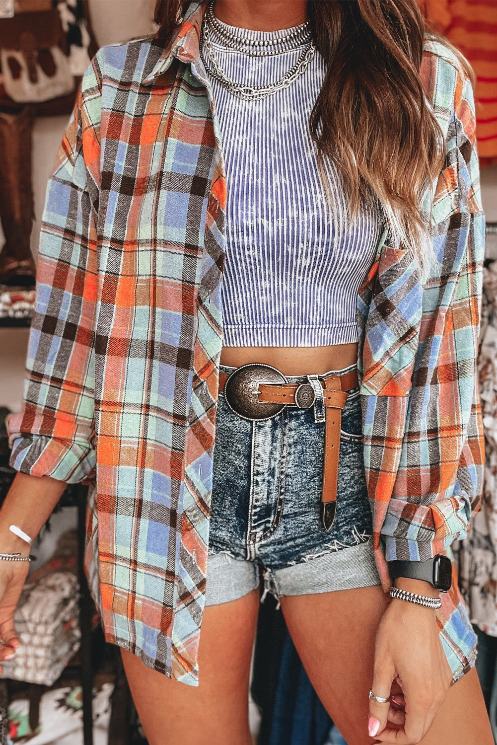 Women's Oversized Check Flannel Shirt in Blue Check