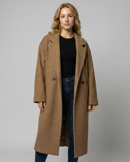 Women's Oversized Double Breasted Coat in Camel