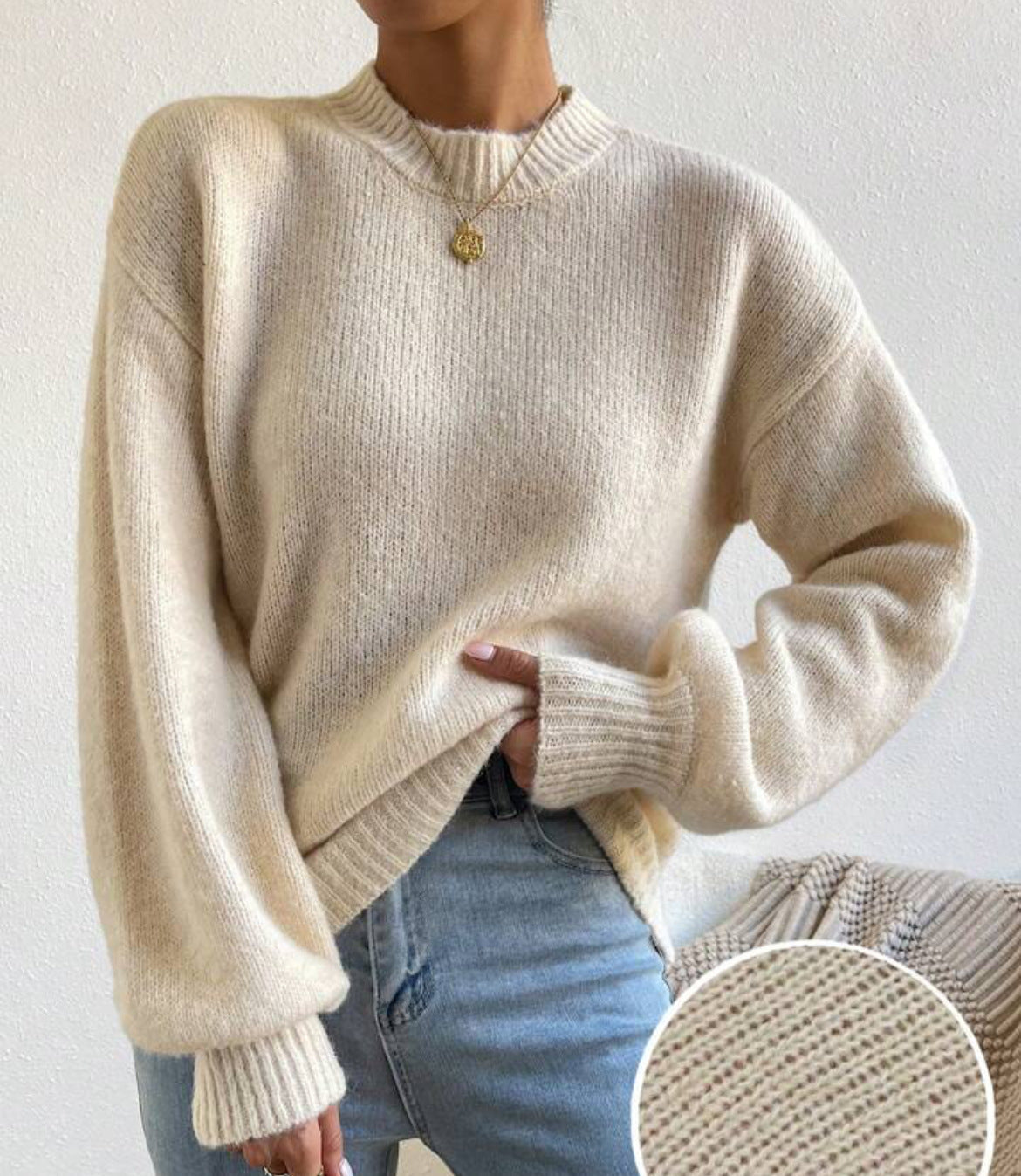 Women's Oversized Mock Neck Sweater in Beige