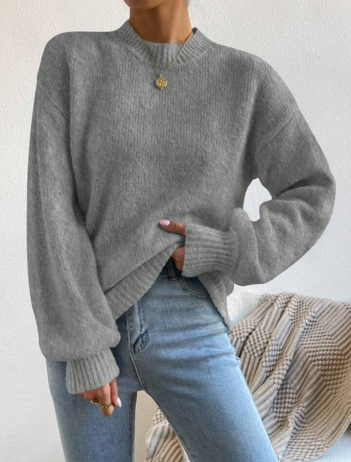 Women's Oversized Mock Neck Sweater in Dark Grey