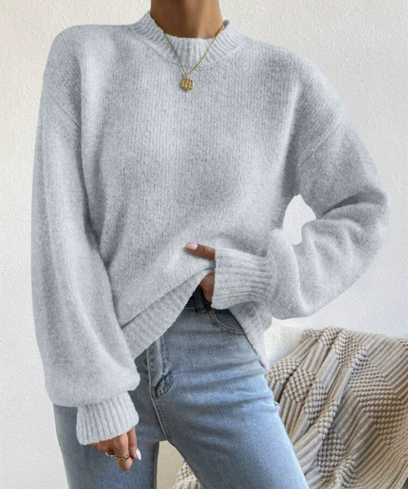 Women's Oversized Mock Neck Sweater in Light Grey