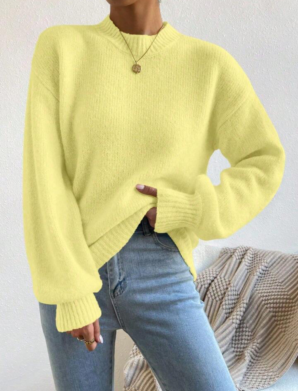 Women's Oversized Mock Neck Sweater in Pale Yellow