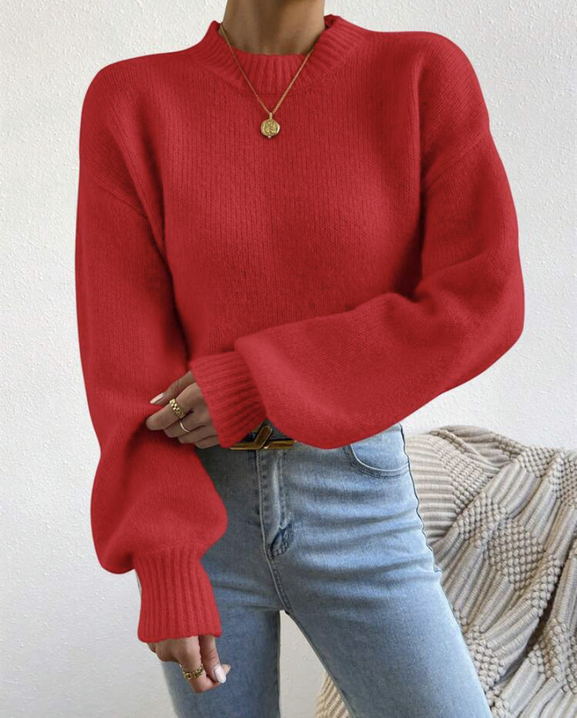 Women's Oversized Mock Neck Sweater in Red