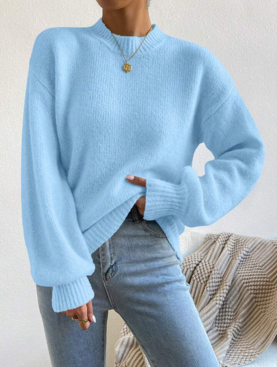 Women's Oversized Mock Neck Sweater in Sky Blue