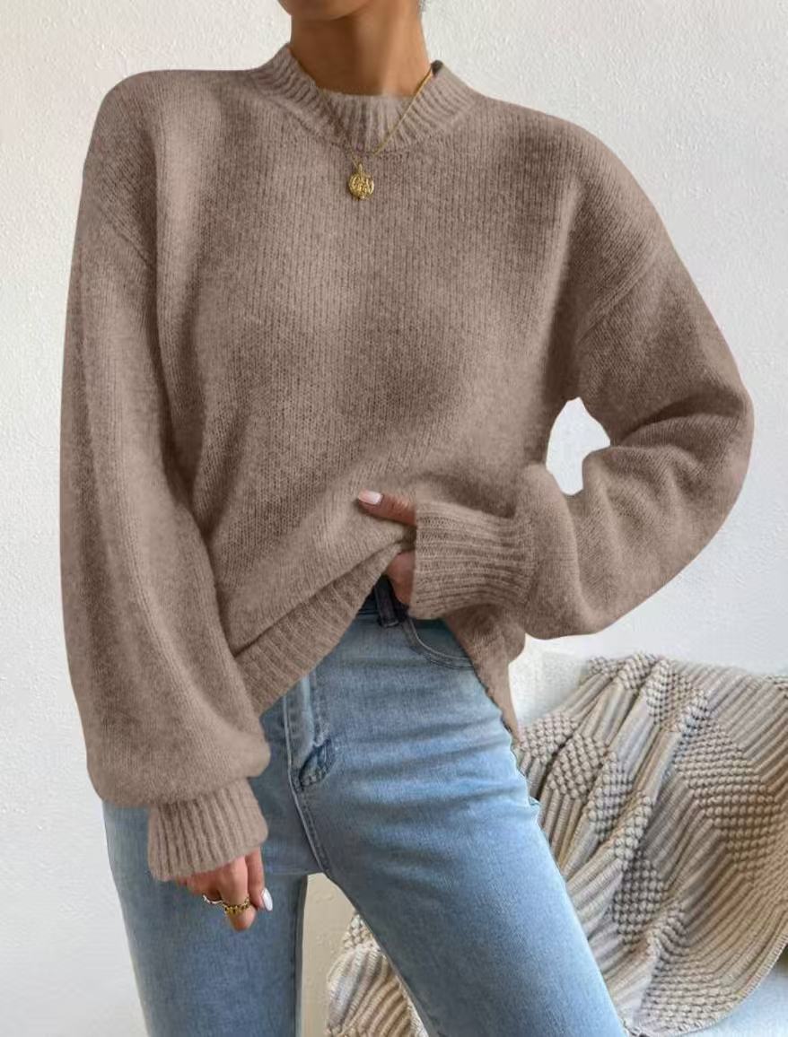 Women's Oversized Mock Neck Sweater in Taupe