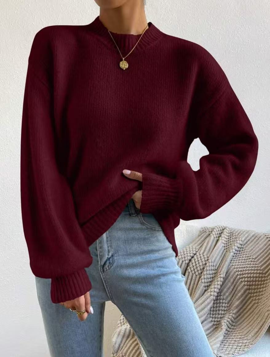 Women's Oversized Mock Neck Sweater in Wine