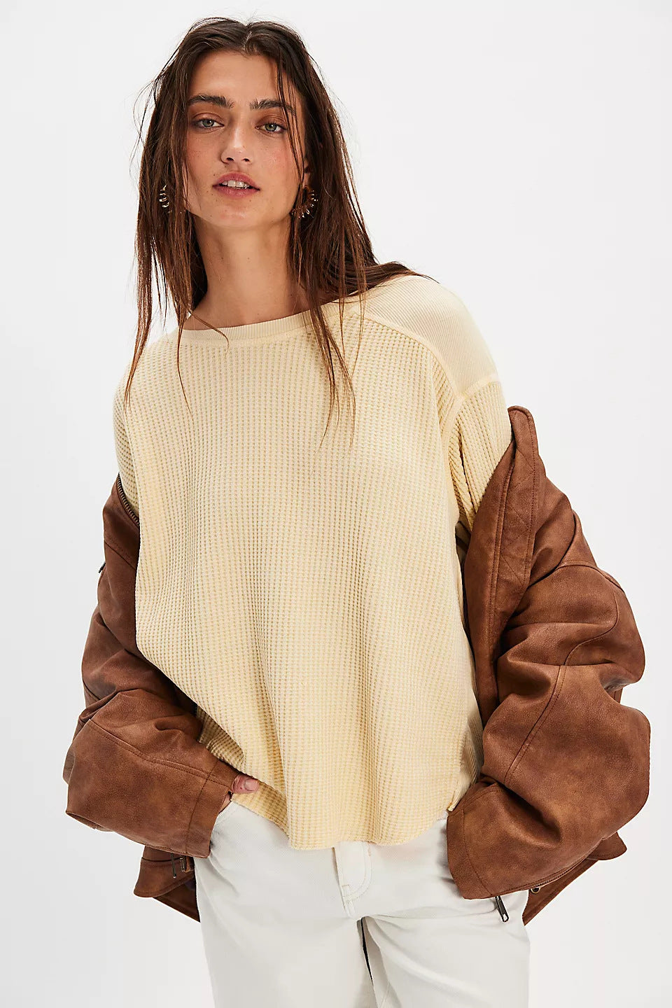 Women's Oversized Waffle Knit Sweater in Butter Yellow