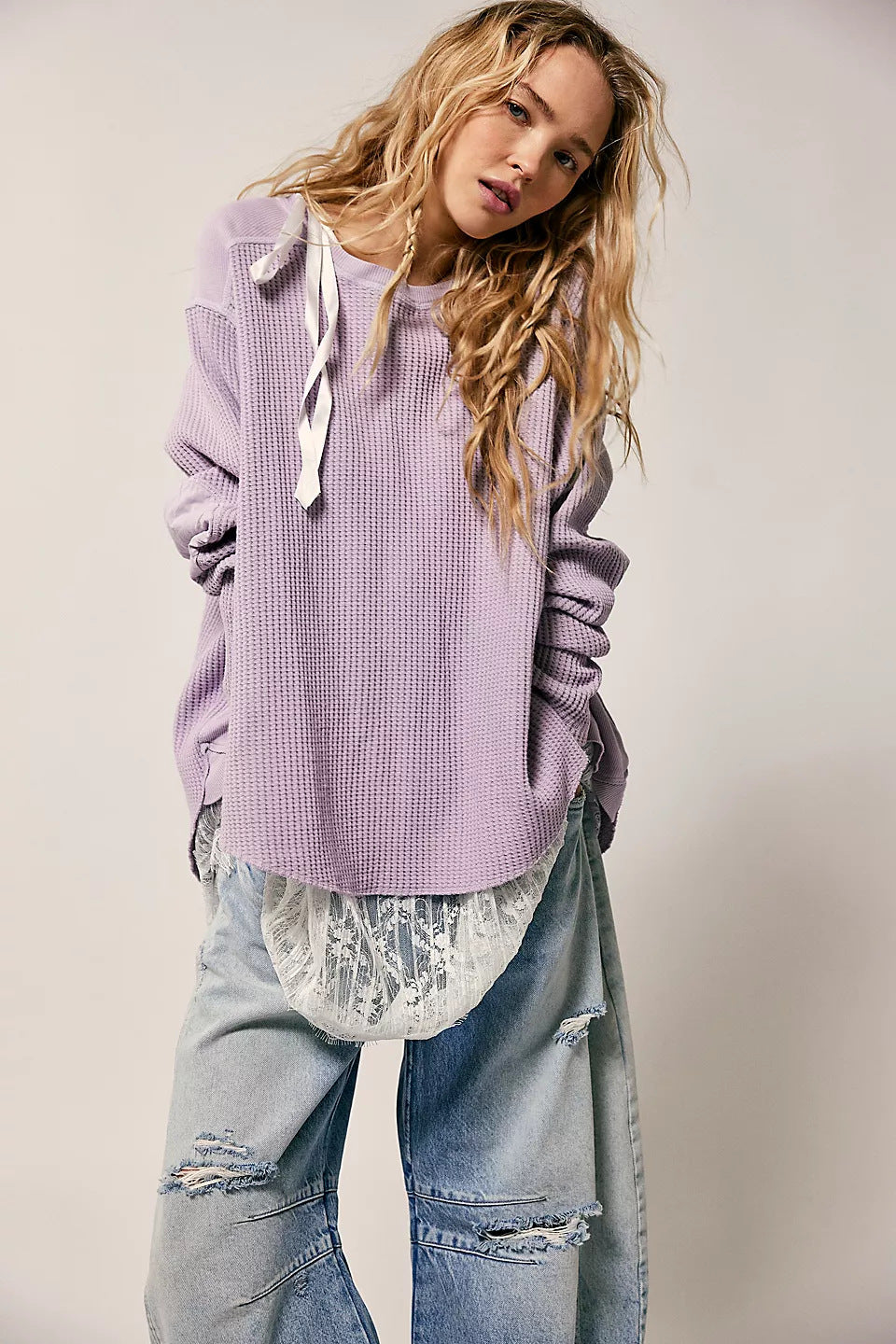 Women's Oversized Waffle Knit Sweater in Lilac