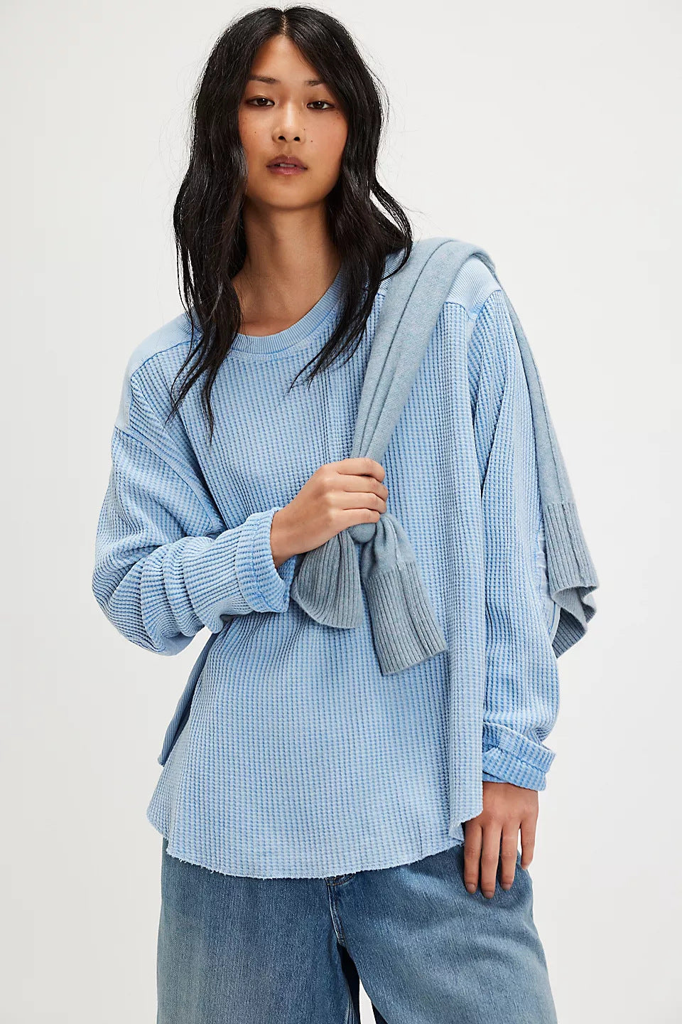 Women's Oversized Waffle Knit Sweater in Sky Blue