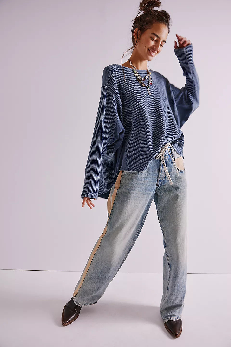 Women's Oversized Waffle Knit Sweater in Slate Blue