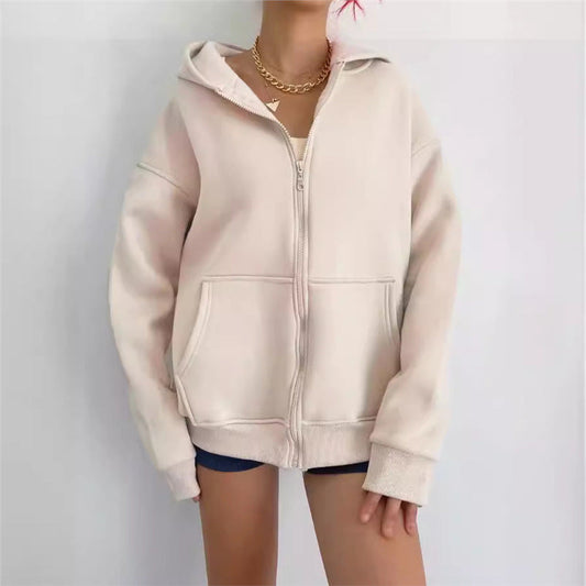 Women's Patch Pocket Zip Hoodie in Beige