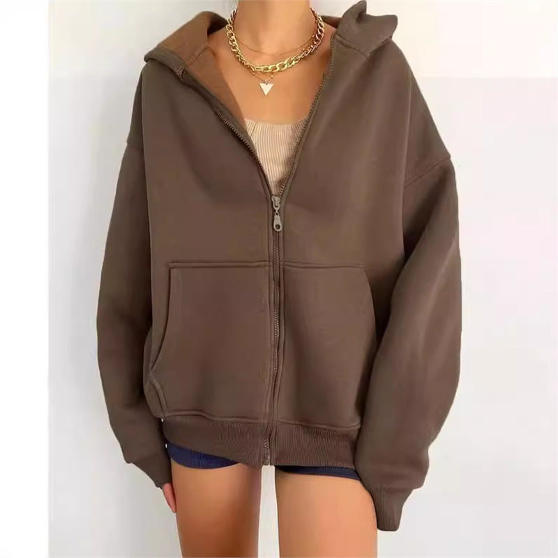 Women's Patch Pocket Zip Hoodie in Coffee Brown