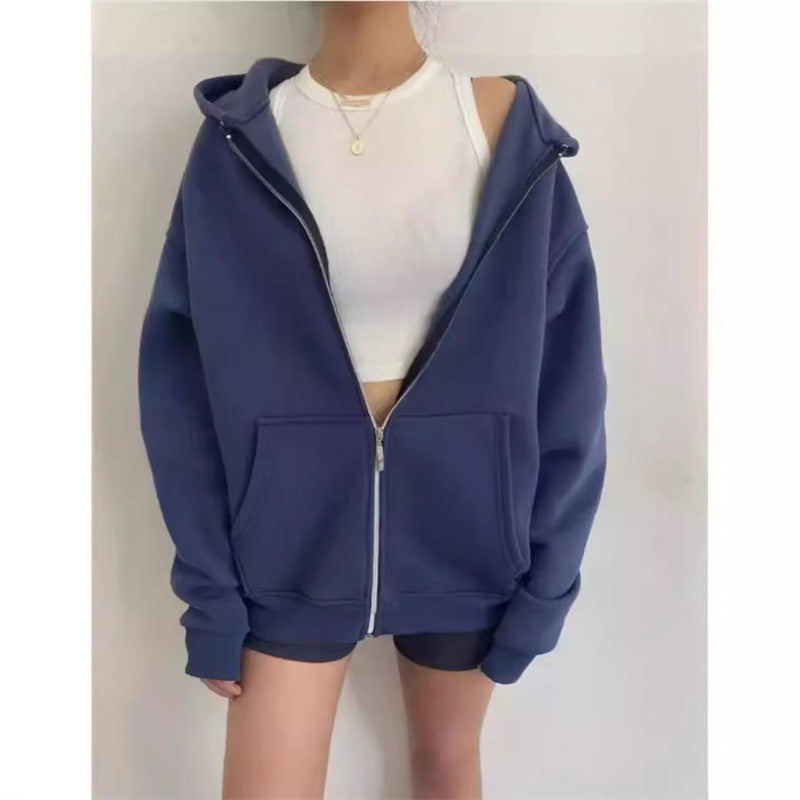 Women's Patch Pocket Zip Hoodie in Dark Blue