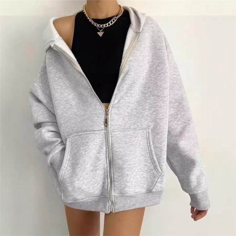 Women's Patch Pocket Zip Hoodie in Light Grey