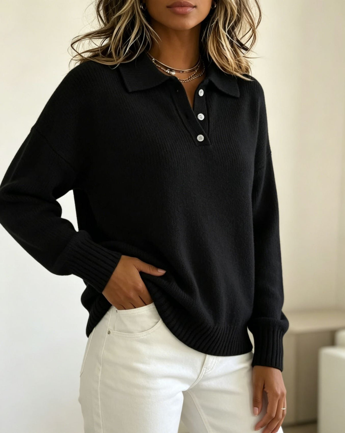 Women's Polo Collar Knit Sweater in Black