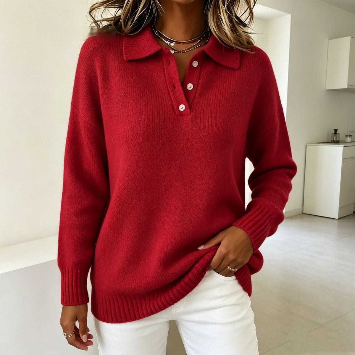Women's Polo Collar Knit Sweater in Red