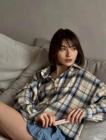 Women's Press Stud Check Flannel Shirt in Cream Check