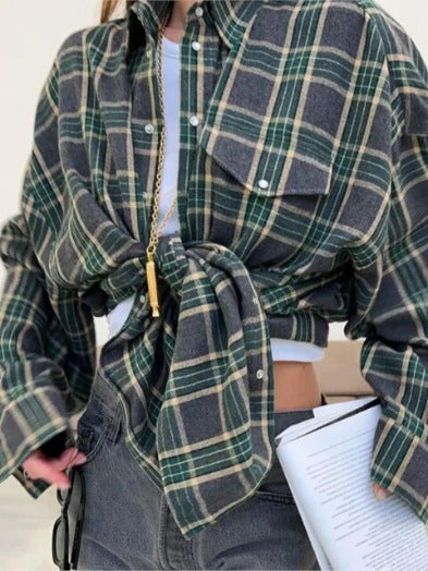 Women's Press Stud Check Flannel Shirt in Dark Green Check