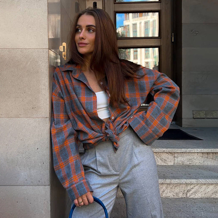 Women's Press Stud Check Flannel Shirt in Grey Check