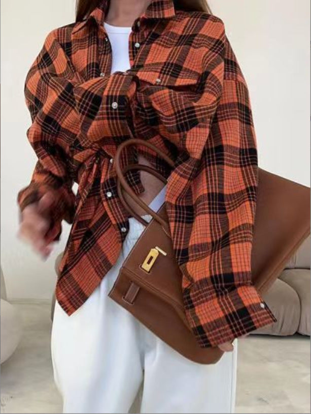 Women's Press Stud Check Flannel Shirt in Orange Check