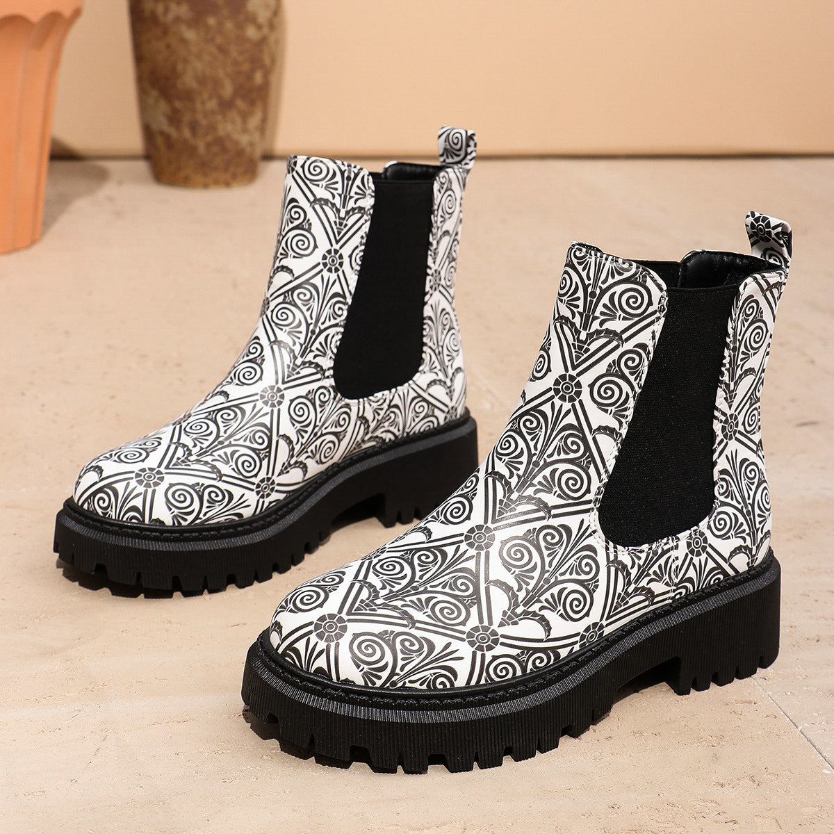 Women's Printed Chunky Chelsea Boots in Black